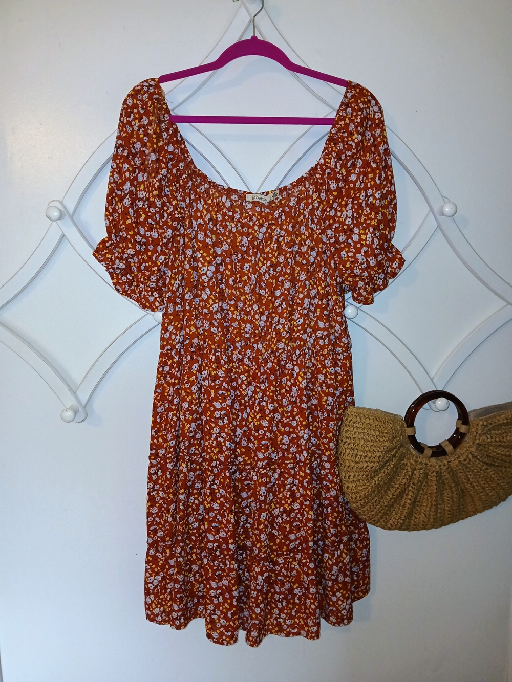 liberty Love Rust Orange Floral Puff-Sleeve Square-Neck/Off Shoulder Mini Dress
